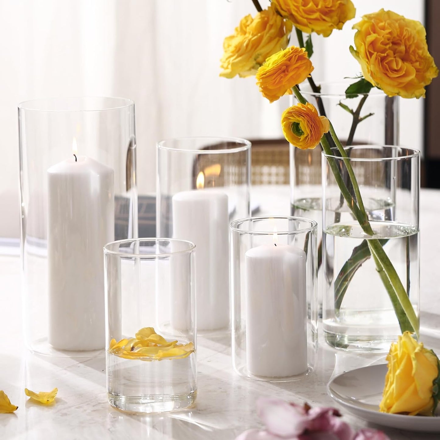 PHOSPHOR Hurricane Candle HoldersFor Pillar Candle Clear Glass Cylinder Centerpieces Vases Table Decoration Centerpiece Floral Room Decor Clear Seeded Bubbles Living Dining Kitchen 3 Pieces