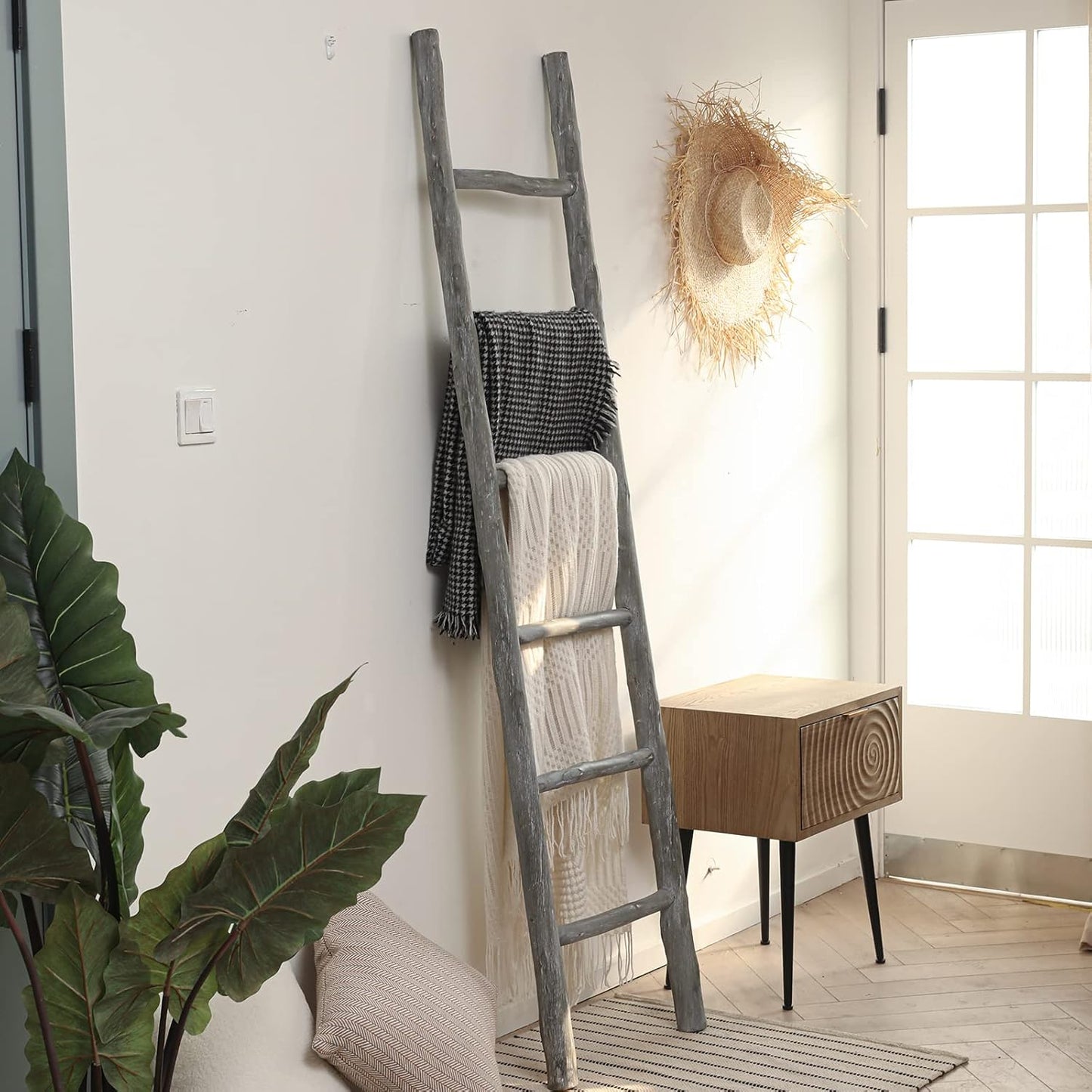 FUIN 57in Wood Blanket Ladder Living Room Decorative Wall Leaning Farmhouse Quilt Display Holder Rustic Wooden Towel Rack for Bathroom, Brown