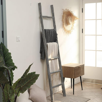 FUIN 57in Wood Blanket Ladder Living Room Decorative Wall Leaning Farmhouse Quilt Display Holder Rustic Wooden Towel Rack for Bathroom, Brown
