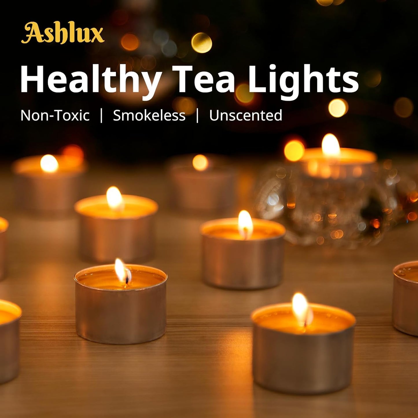 Ashlux Unscented Palm Tea Lights Candles 100 Pack Bulk, 4.5 Hours Long Burning White Tea Lights,Non-Paraffin, Smokeless, Mini Tealight Votive Candles for Wedding, Christmas Lights, Party, Christmas