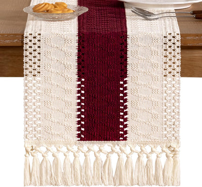 Socomi Boho Table Runner Summer Farmhouse Rustic Dining Kitchen Centerpiece Decor Small Macrame Woven Cotton Linen Coffee Table Runner for Dresser Scarf Home Decor 12x36 inch Beige
