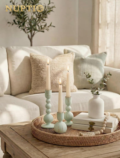 NUPTIO Candle Stick Holders Decor: Set of 3 Farmhouse Wooden Taper Candle Holders - Rustic Sage Green for Home Coffee Dinner Table