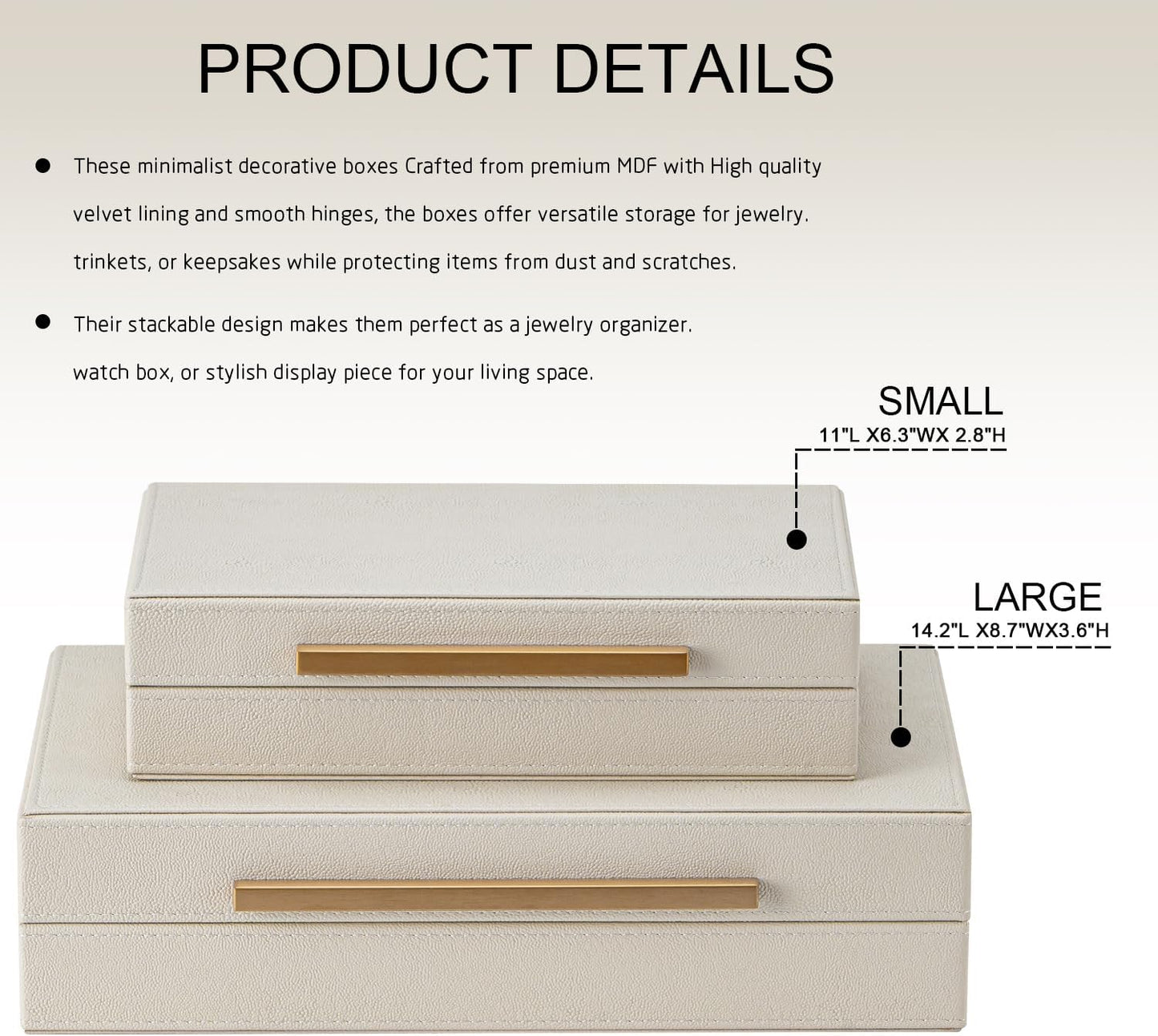 Set of 2 Beige Shagreen Decorative Storage Boxes with Gold Metal Handles – Faux Leather Jewelry & Memory Boxes, Nesting Photo Organizers for Home Decor