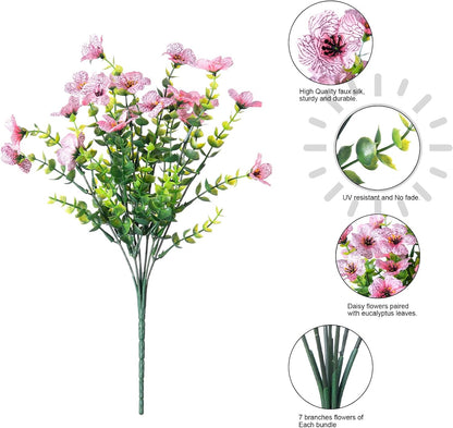 HyeFlora Artificial Flowers for Outdoor Indoor Garden Home Decoration, Faux Flower Daisy with Eucalyptus Leaves Fake Plants Greenery Boxwood Porch Patio, 12 Bundles (Mix Pink Red Purple Yellow)