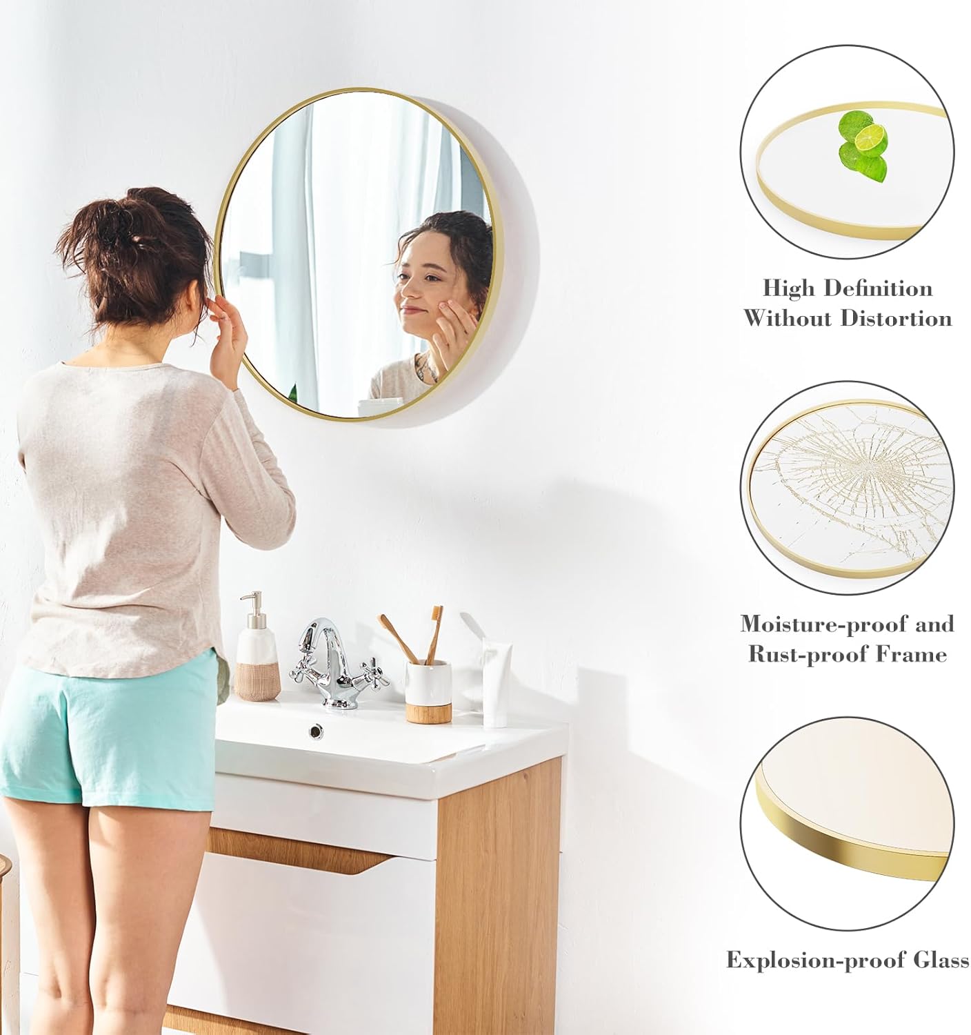 Sweetcrispy 24 Inch Round Wall Mirror with Tempered Glass, Bathroom Mirror Over Sink, Anti-Fog & Waterproof Round Mirror for Bathroom, Entryway, Bedroom, Shatterproof Design, Black