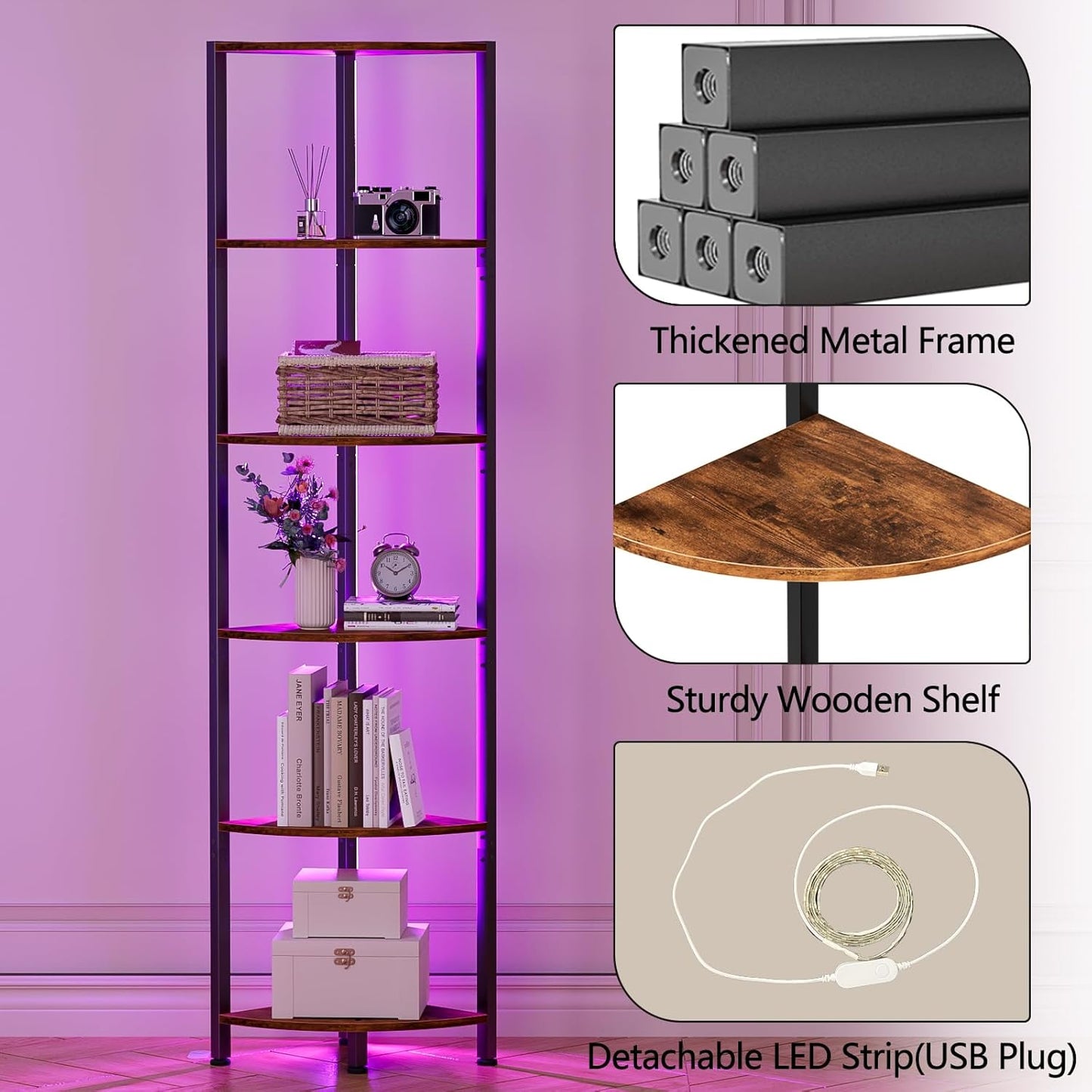 Furnulem 6 Tier Corner Shelf with LED Light, 67.5” Tall Standing Shelf Organizer, Black Narrow Bookshelf with Storage Rack for Wall Corner, Living Room, Bedroom, Metal Frame, Wood Display Shelf