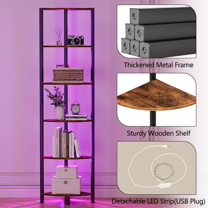 Furnulem 6 Tier Corner Shelf with LED Light, 67.5” Tall Standing Shelf Organizer, Black Narrow Bookshelf with Storage Rack for Wall Corner, Living Room, Bedroom, Metal Frame, Wood Display Shelf