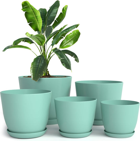 Utopia Home Plant Pots Indoor with Drainage Holes – Set of 5 White Plastic Flower Pots (7/6.6/6/5.3/4.8 Inch) – Modern Planters for Indoor Plants, Room & Office Décor, Great Stocking Stuffers