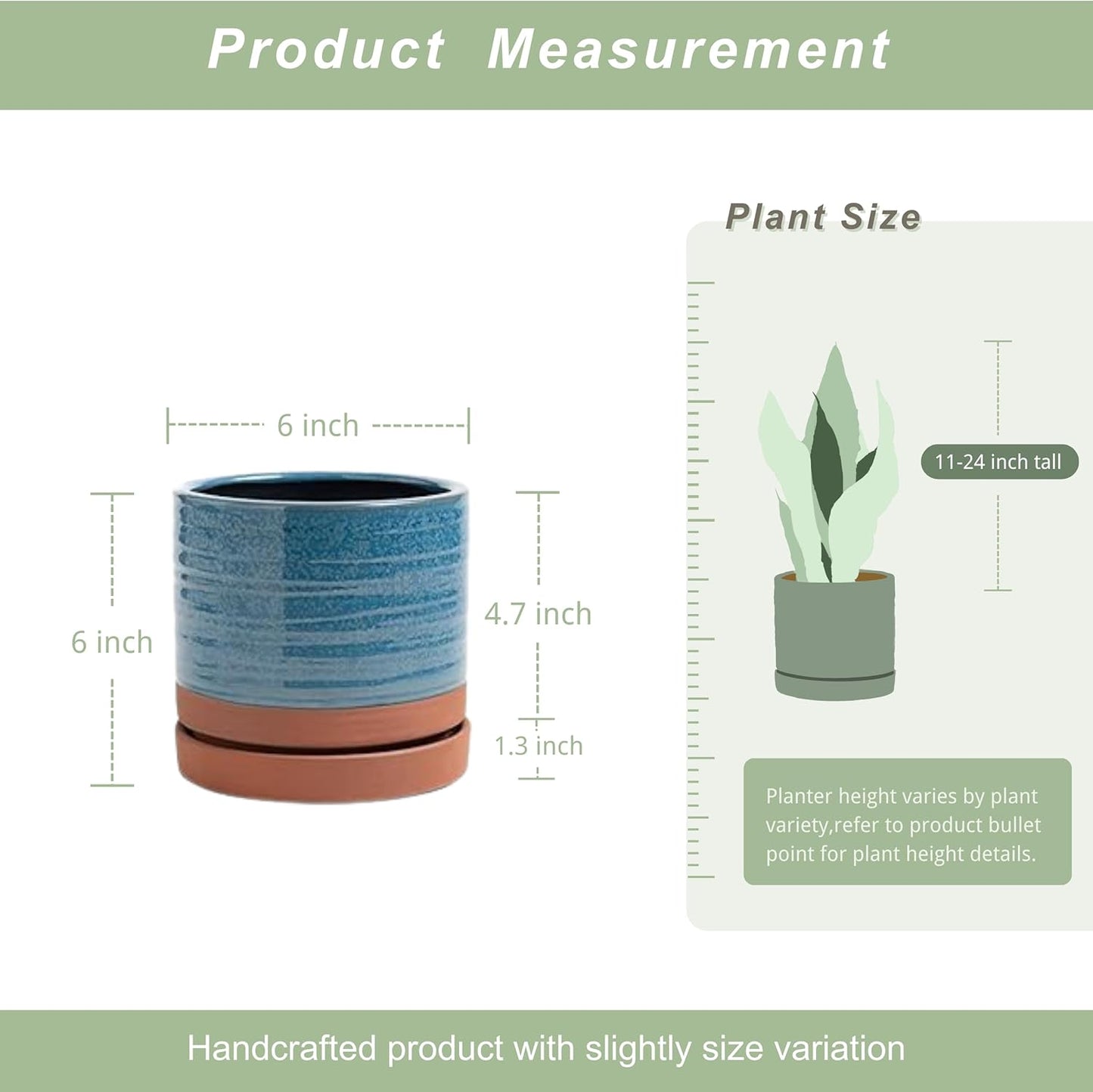 HERDUK 6 Inch Plant Pots, Ceramic Planter Pot with Drainage Hole & Saucer, Indoor/Outdoor Cylinder Round Planter Pot, Green & Beige