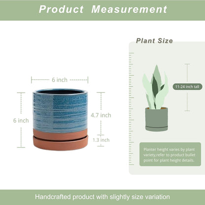 HERDUK 6 Inch Plant Pots, Ceramic Planter Pot with Drainage Hole & Saucer, Indoor/Outdoor Cylinder Round Planter Pot, Green & Beige
