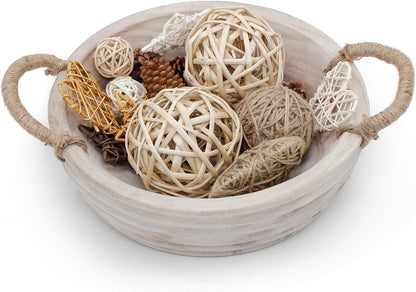 Wooden Decorative Bowls, 11.2 Inch Premium Round Serving Bowl with Rope Handles for Home Decor, Round Paulownia Wood Centerpiece Bowl for Coffee Table(Natural)