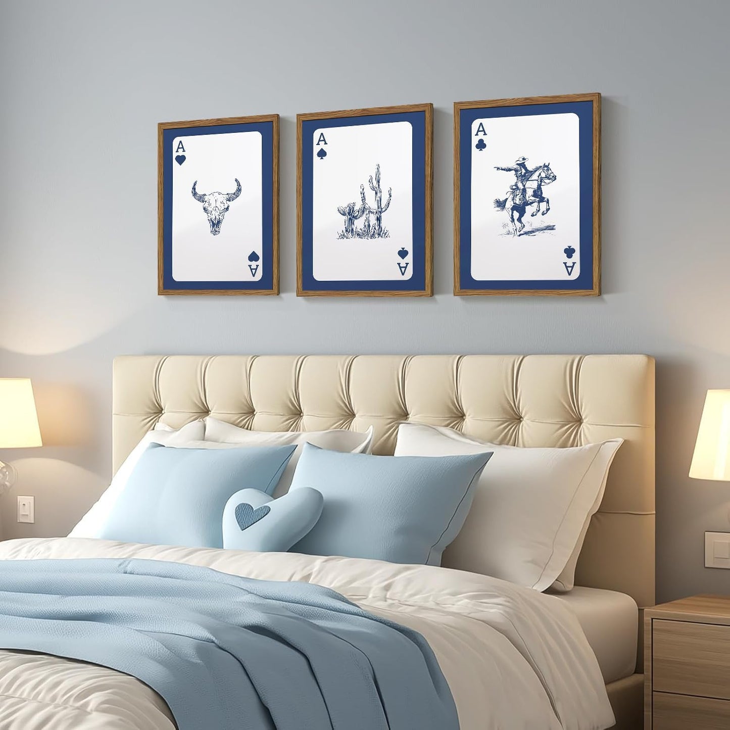 Western Wall Art Set of 3, Southwestern Cowboy Playing Card Wall Decor, Longhorn Bull Skull and How Lucky are We Poster Canvas Painting Prints for Bedroom Living Room 12x16 inch Wood Framed