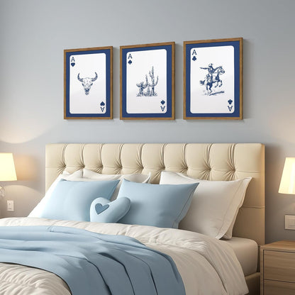 Western Wall Art Set of 3, Southwestern Cowboy Playing Card Wall Decor, Longhorn Bull Skull and How Lucky are We Poster Canvas Painting Prints for Bedroom Living Room 12x16 inch Wood Framed
