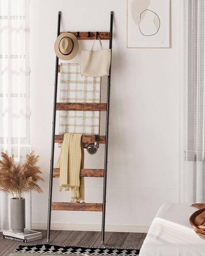 Blanket Ladder, 5-Tier Towel Holder with 4 Removable Hooks, Farmhouse Wall Leaning Decorative Rack Shelf, Wooden Towel Display Rack, Quilt Ladder for Living Room, Bedroom, Rustic Brown