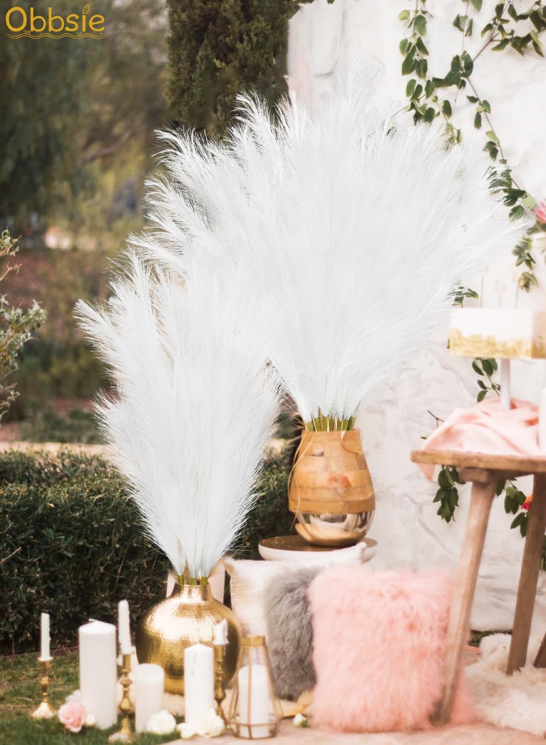 obbsie 50pcs Pink Faux Pampas Grass Decor, 21.6" Short Artificial Floral Branches Vase Filler Flower Arrangement for Home Wedding Boho Outdoor Decor