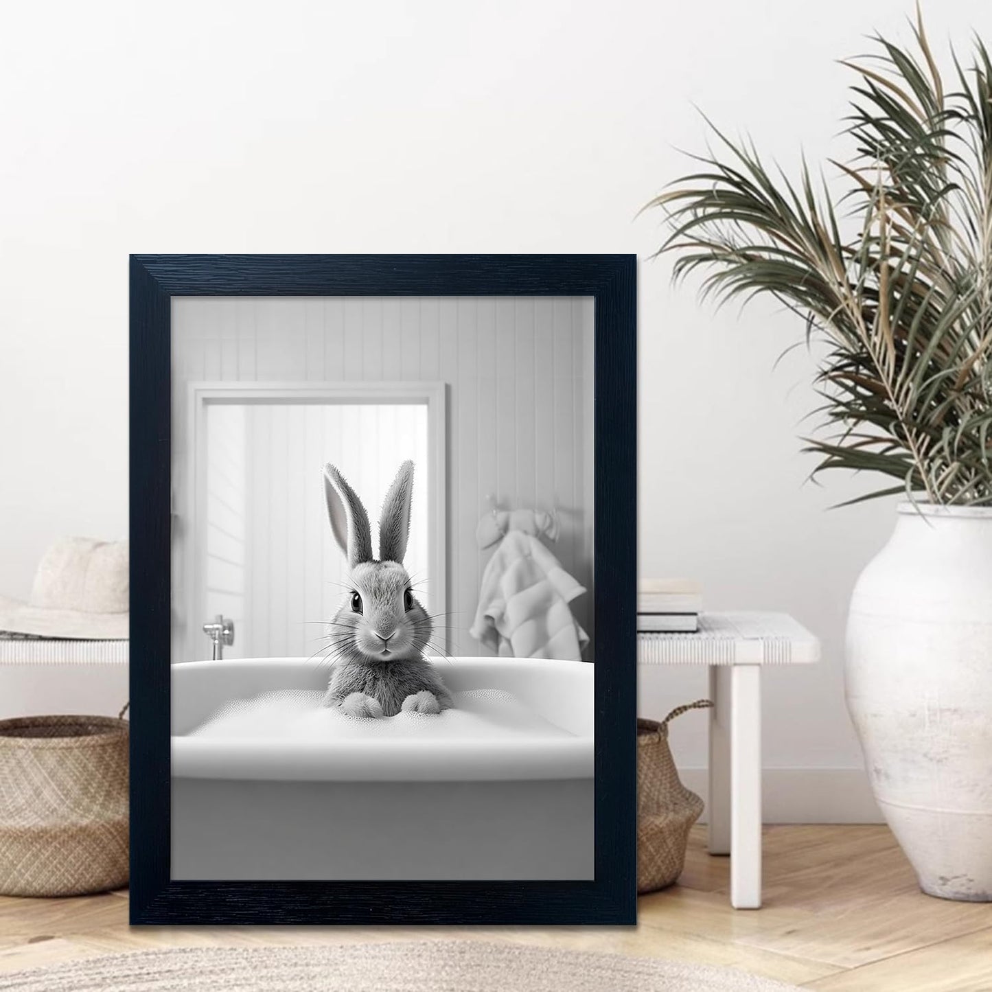 Bathroom Picture Wall Decor, Framed Black and White Bathroom Wall Art, Toilet Paper in Little Funny Raccoon's Hand Animal Canvas Print Painting