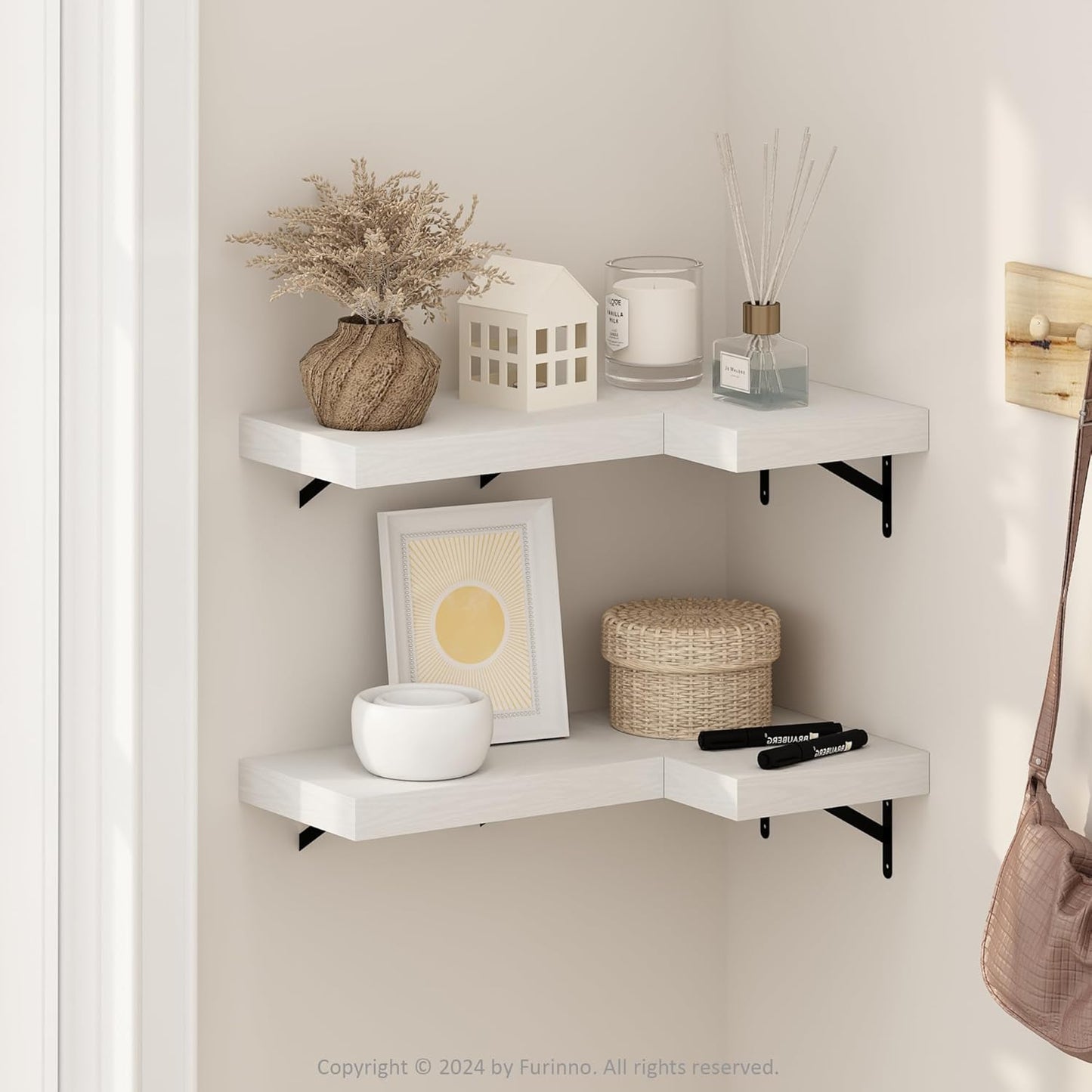 Furinno Rossi 5-Tier Wall Mount Floating Radial Corner Shelf, White
