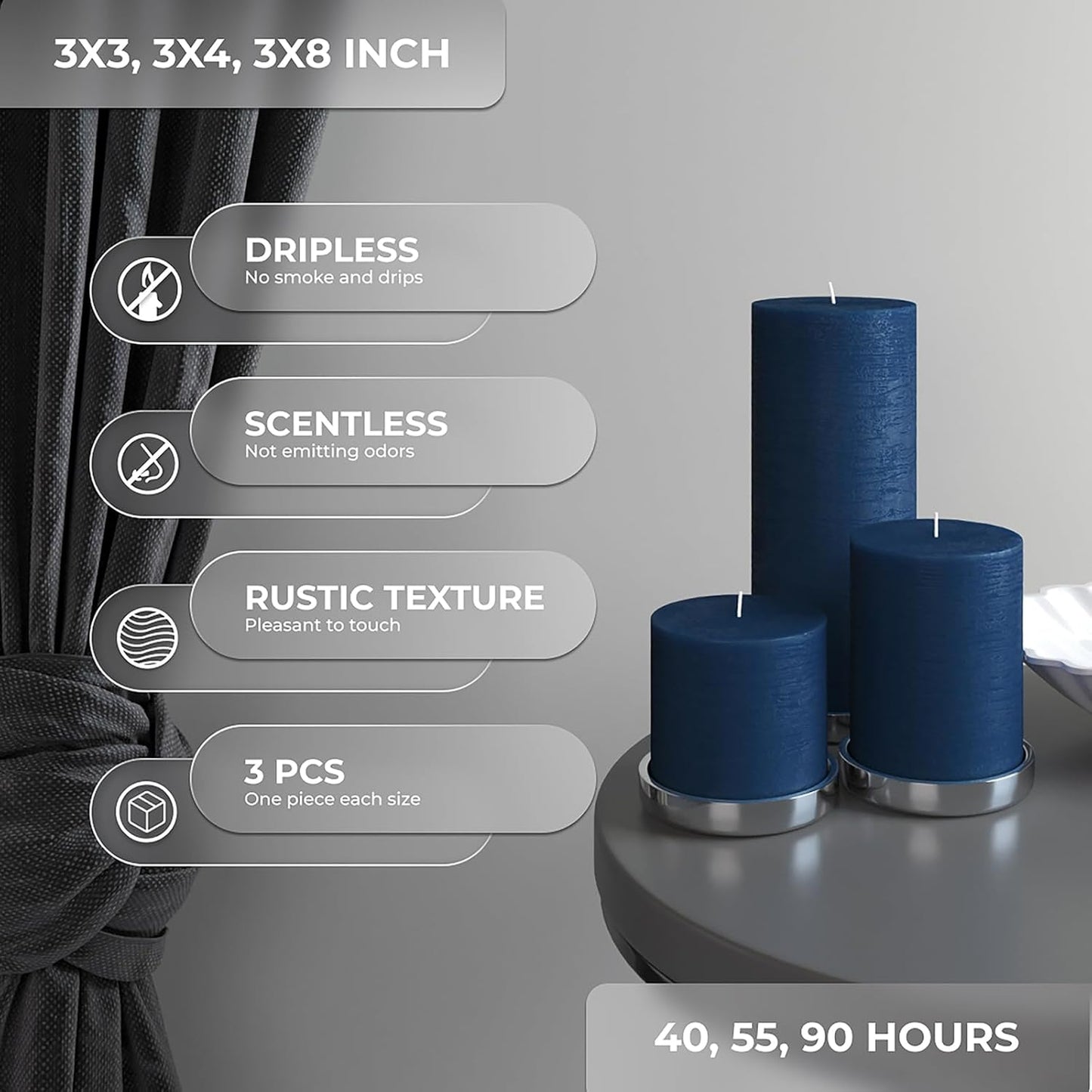 CANDWAX 3x4 inch Pillar Candles Set of 3 – Unscented Dripless Rustic Dark Blue Candles for Room Decor, Weddings, Centerpieces