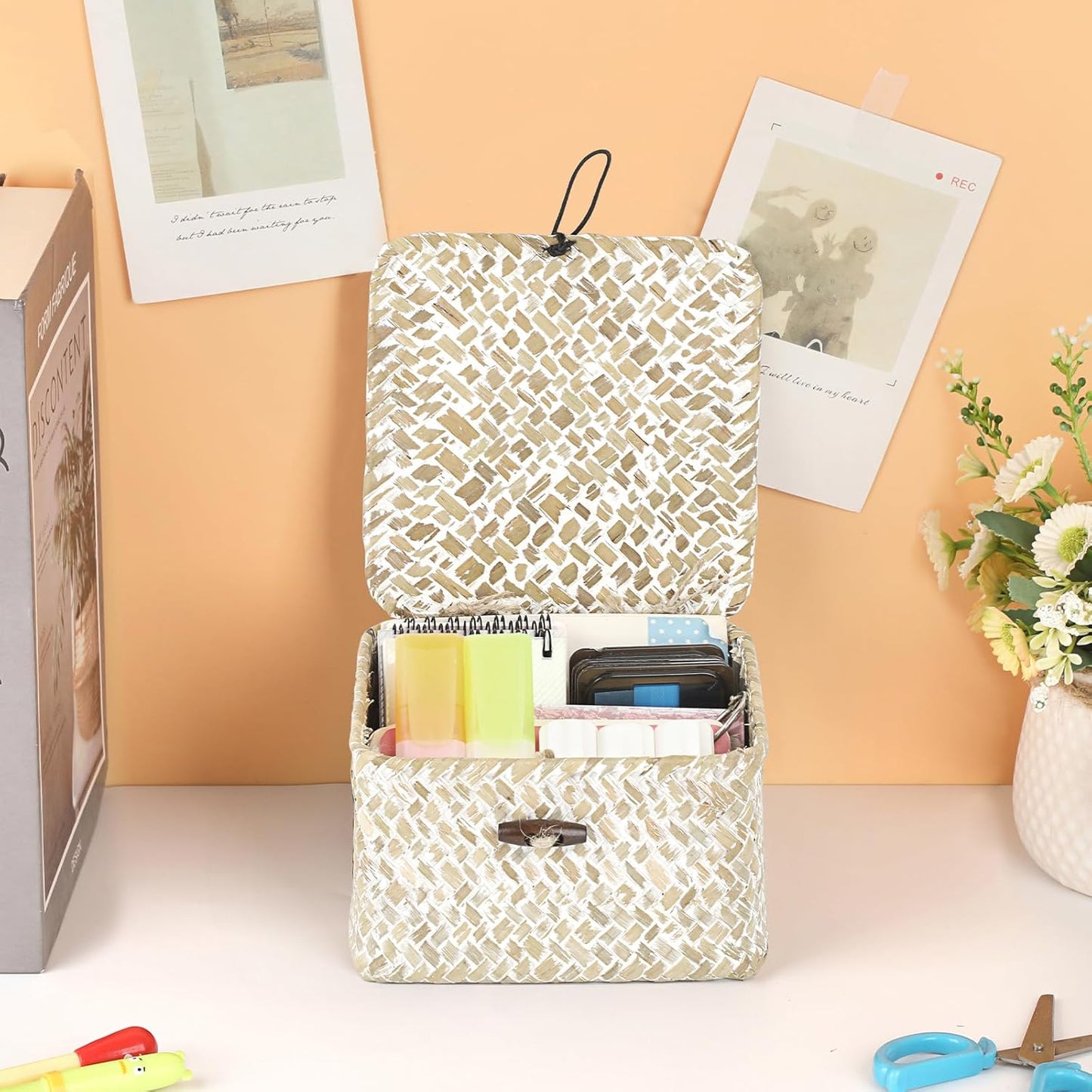 Hipiwe Seagrass Basket with Lid Wicker Storage Basket Square Handwoven Decorative Baskets Box for Shelf Multipurpose Household Baskets Home Decor,X-small