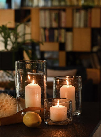 Hurricane Candle Holders for Pillar Hand Blown Glass Cylinder Vases Table Centerpiece Bulk Room Decor Clear Seeded Bubbles Living Dining Kitchen Island 10" 7" 4" Set of 3