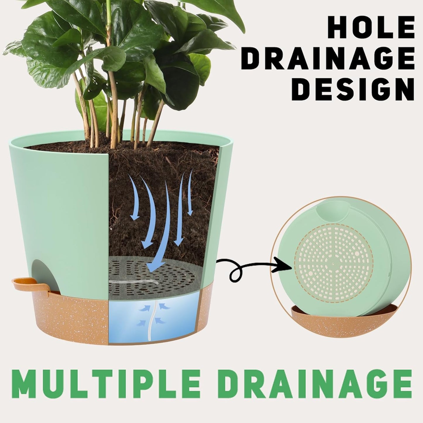 YNNICO Indoor Self Watering Planters with Drainage Holes and Saucers, 8, 7, 6.5, 6, 5.5, 5 Inches, Black, 6 Pots