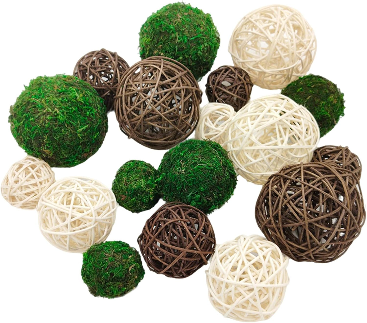 15pcs Decorative Balls for Vase Centerpiece Bowls Orbs Filler Table Decor, 2.4 in Wicker Rattan Balls and Moss Balls Set(Green + Brown + White)