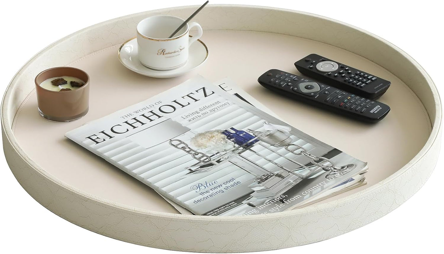 HofferRuffer Round Serving Tray 20'', Elegant Faux Leather Circle Ottoman Table Tray, Serve Tea Coffee Breakfast in Bedroom Living Room Kitchen (Brown)