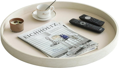 HofferRuffer Round Serving Tray 20'', Elegant Faux Leather Circle Ottoman Table Tray, Serve Tea Coffee Breakfast in Bedroom Living Room Kitchen (Brown)