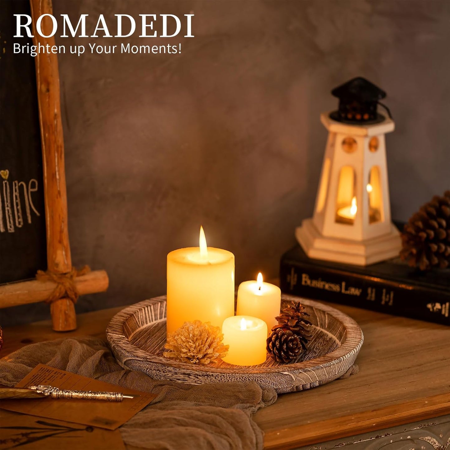 Romadedi Rustic Wooden Tray Candle Holder - Round Wood Decorative Pillar Candle Tray for Coffee Table Farmhouse Kitchen Countertop Organizer Home Decor Wedding Centerpiece, Distressed White