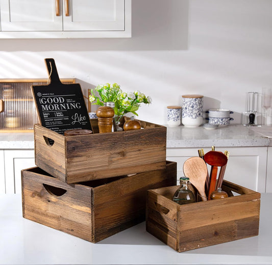 TIMRIS Set of 3 Rustic Distressed Wood Nesting Crates, Farmhouse Decorative Wooden Storage Boxes, Large Vintage Reclaimed Wood Baskets for Display (Random)
