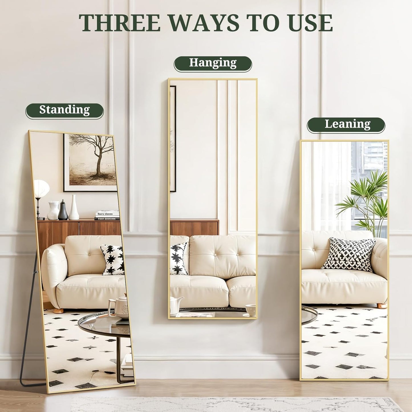 Mirror Full Length 64"x21" Full Body Floor Mirror with Stand, Shatterproof Glass, Aluminum Alloy Frame, Free Standing Wall Mounted or Leaning Arched Mirrors for Bedroom Living Room Entryway