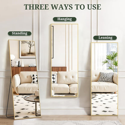 Mirror Full Length 64"x21" Full Body Floor Mirror with Stand, Shatterproof Glass, Aluminum Alloy Frame, Free Standing Wall Mounted or Leaning Arched Mirrors for Bedroom Living Room Entryway