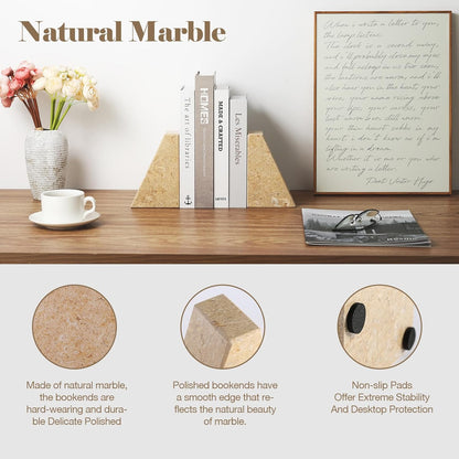 Karibiber Travertine Bookends for Heavy Books, Marble Decorative Bookends for Shelves, Heavy-Duty Stone Book Ends for Hardback Book & Cookbooks, Unique Book Stopper & Holder, Travertino Italy