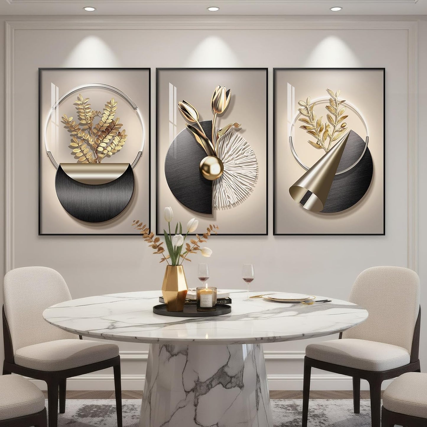 Framed Modern Luxury Gold Wall Art, Set of 3 Piece Contemporary Paintings Artwork for Walls, Golden Prints Pictures with Gold Frame, Wall Decor for Living Room, Hallway, Bedroom, Office 16x24 Inch