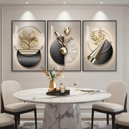 Framed Modern Luxury Gold Wall Art, Set of 3 Piece Contemporary Paintings Artwork for Walls, Golden Prints Pictures with Gold Frame, Wall Decor for Living Room, Hallway, Bedroom, Office 16x24 Inch