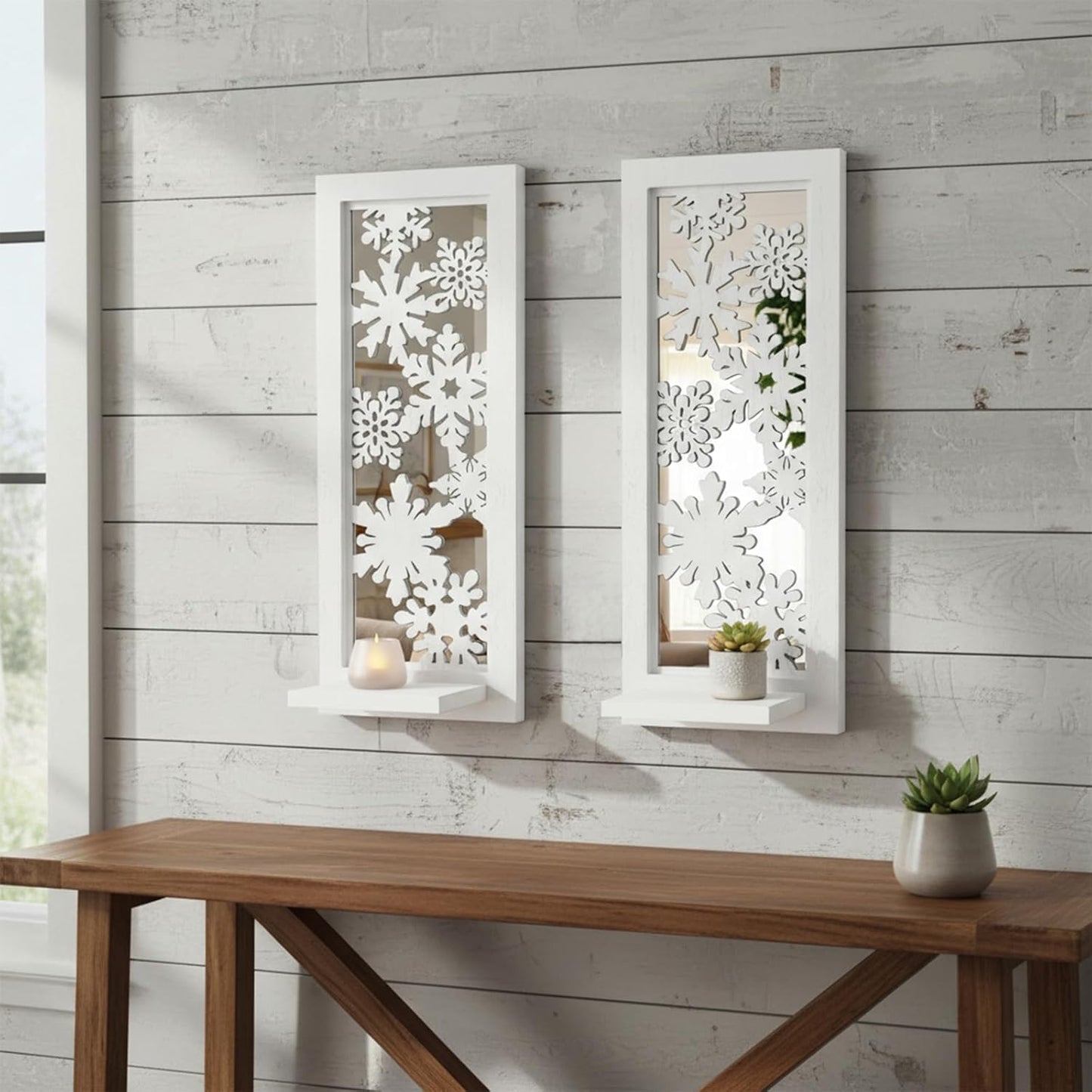 Wood Wall Sconce Candle Holder Set 2, Rustic Wall-Mount Candle Holders, Farmhouse Hanging Wall Décor, Carved Wood Frame, Mirrored Candle Holder (Distressed White)