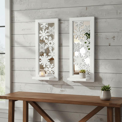 Wood Wall Sconce Candle Holder Set 2, Rustic Wall-Mount Candle Holders, Farmhouse Hanging Wall Décor, Carved Wood Frame, Mirrored Candle Holder (Distressed White)