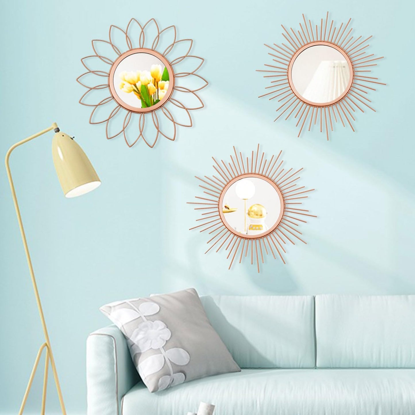 3 Pack Metal Mirrors for Wall Sunburst Wall Mirrors Home Décor Decorative Hanging Wall Art for Living Room Bedroom Entryway (Gold, Flower+Sunburst)