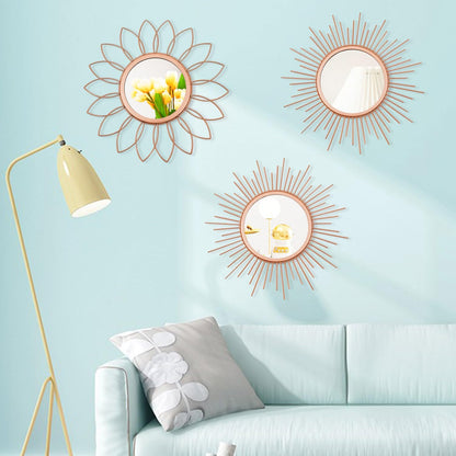3 Pack Metal Mirrors for Wall Sunburst Wall Mirrors Home Décor Decorative Hanging Wall Art for Living Room Bedroom Entryway (Gold, Flower+Sunburst)
