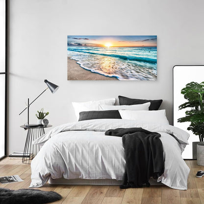 Baisuart S02250 Canvas Prints Wall Art Beach Sunset Ocean Waves Nature Pictures Stretched Canvas Wooden Framed for living Room Bedroom and Office