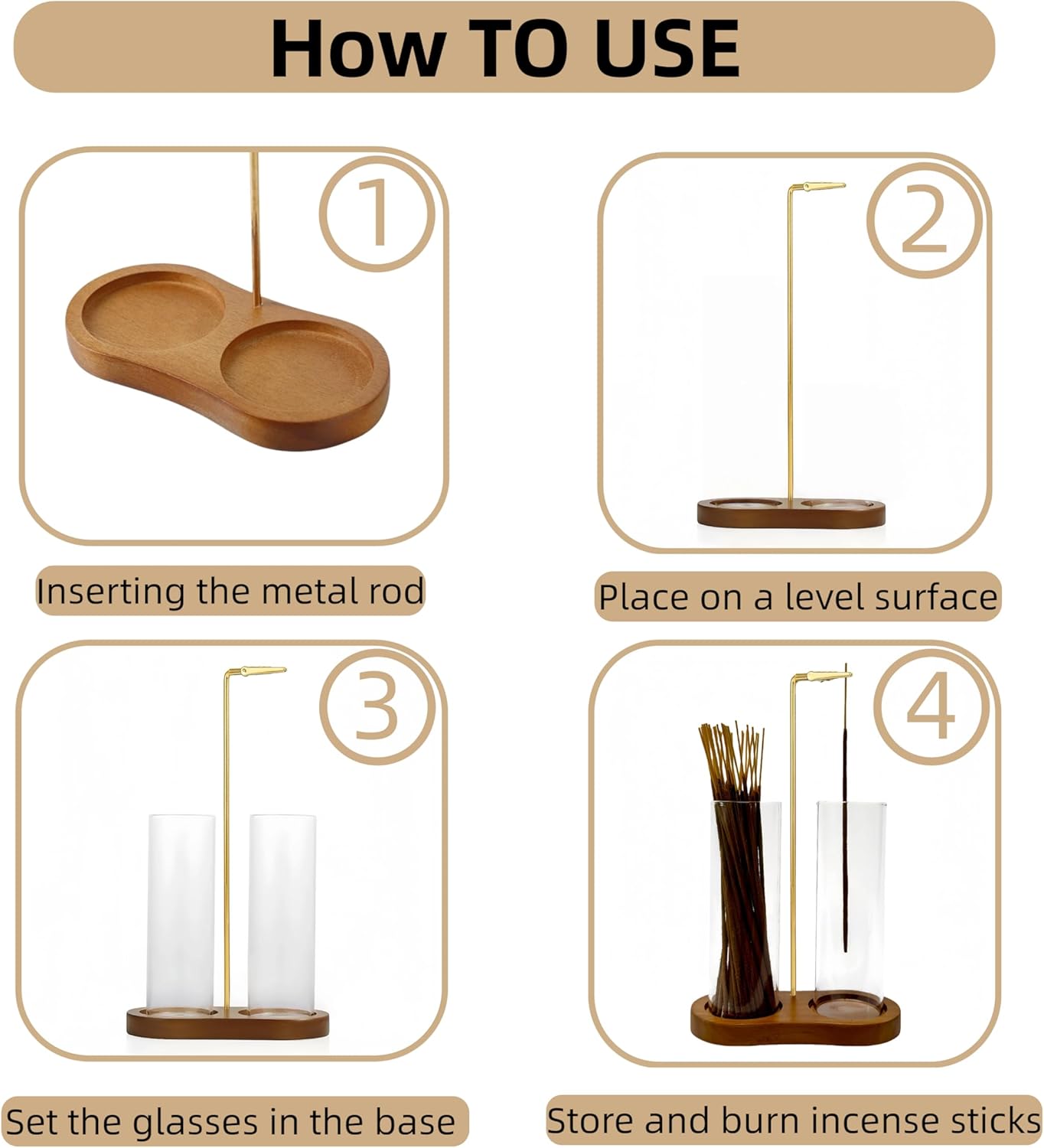 Incense Holder,2 in 1 Incense Sticks Burner Holder with Storage,Hang Upside Down Incense Holder for Sticks with Glass Ash Catcher for Meditation Yoga Spa Room Decor (Brown)