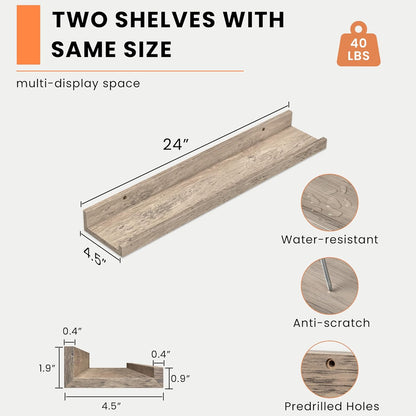 Heimlove Picture Ledge Shelf, Floating Shelves Set of 2, 24 Inches Picture Shelf for Wall with Ledge, Kids Bookshelf Wall Mounted for Living Room Bedroom Decor Books Photo Frames - White