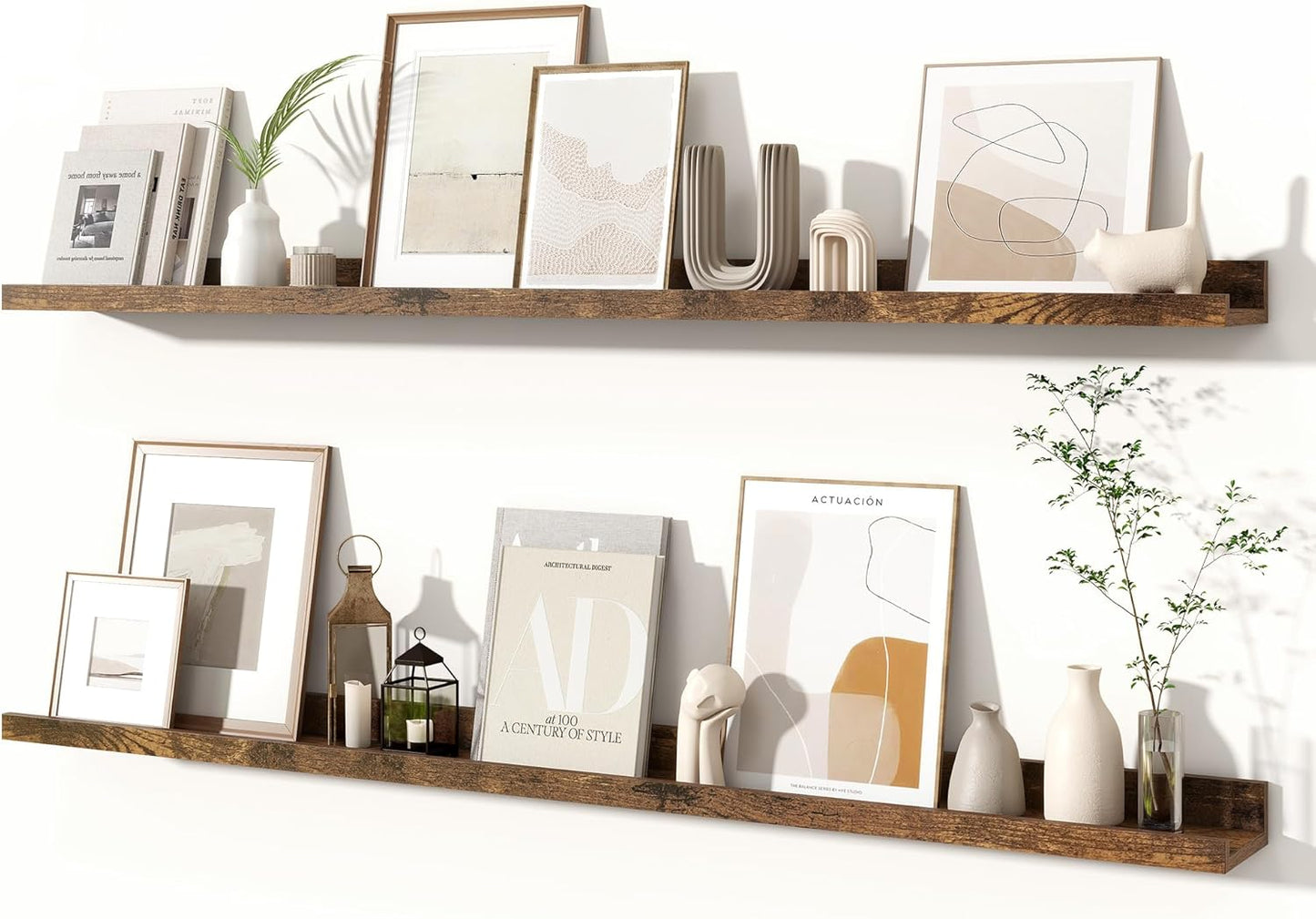 Fun Memories Picture Ledge Shelves Set of 2, 32 Inch Rustic Wall Mounted Floating Shelves with Lip for Home Storage and Décor in Bathroom, Kitchen, Nursery, Bedroom, Living Room, Walnut
