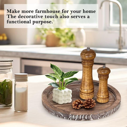 Round Decorative Tray for Coffee Dining Table Countertop Small Wooden Serving Trays Farmhouse Kitchen Home Living Room Decor and Bathroom Accessories Tray Black Rustic Wood Candle Centerpiece Trays
