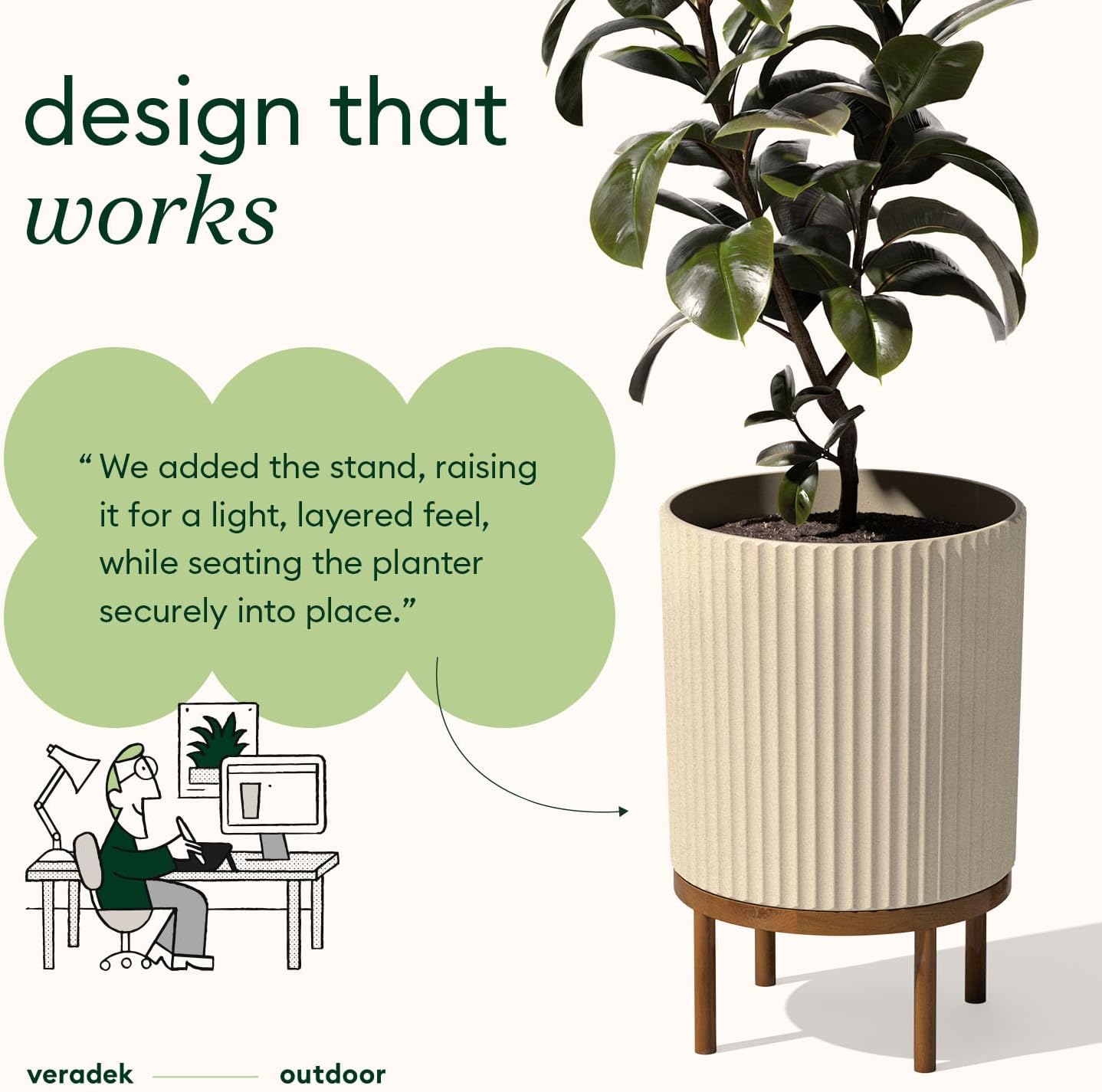 Veradek Demi Series Round Planter w/ Stand for Porch/Patio | Durable Plastic-Concrete & Wooden Stand | Modern Décor for Tall Plants, Flowers