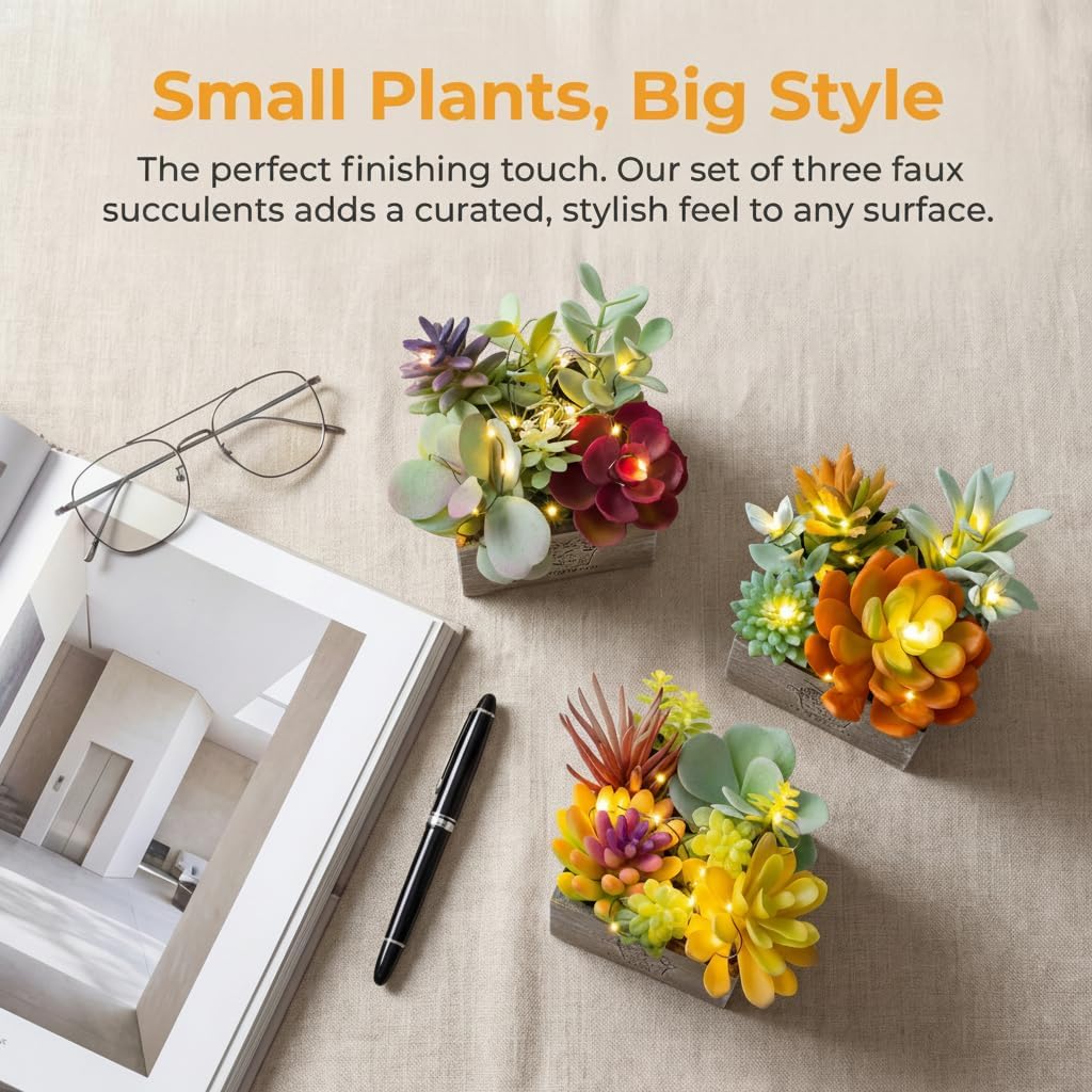 Succulent Plants Artificial, 3 Pack Small Fake Plants in Wood Pot for Home Decor, Farmhouse Artificial Plants Indoor for Living Room Bathroom Bedroom Office Kitchen Desk Wedding Coffee Table Decor