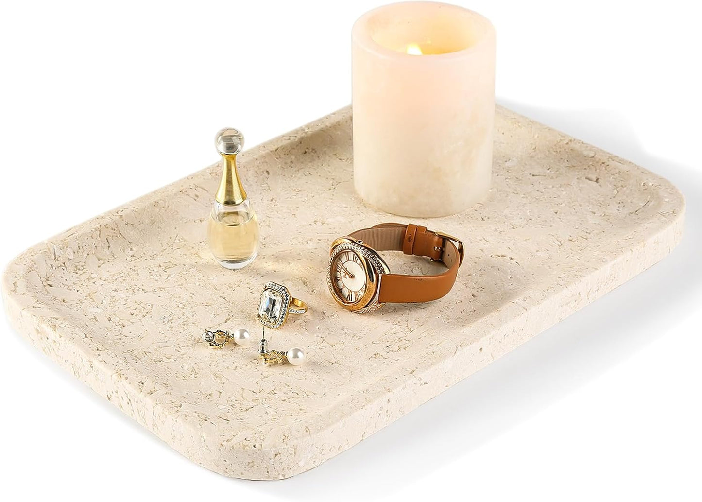 Koville Romano Travertine Tray, 12"x8" Natural Stone Vanity Tray for Countertop Bathroom Kitchen Dresser, Decorative Marble Catchall Trays for Perfume Jewelry, Rectangular Serving Tray(Beige)