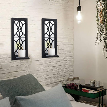 Wood Wall Sconce Candle Holder Set 2, Rustic Wall-Mount Candle Holders, Farmhouse Hanging Wall Décor, Carved Wood Frame, Mirrored Candle Holder (Distressed White)