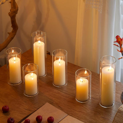 Set of 6 White Pillar Candles with Clear Glass Hurricane Holders- Elegant Cylinder Candle Vases for Weddings, Parties, Centerpieces, Home & Office Decor (White, 6 Set)