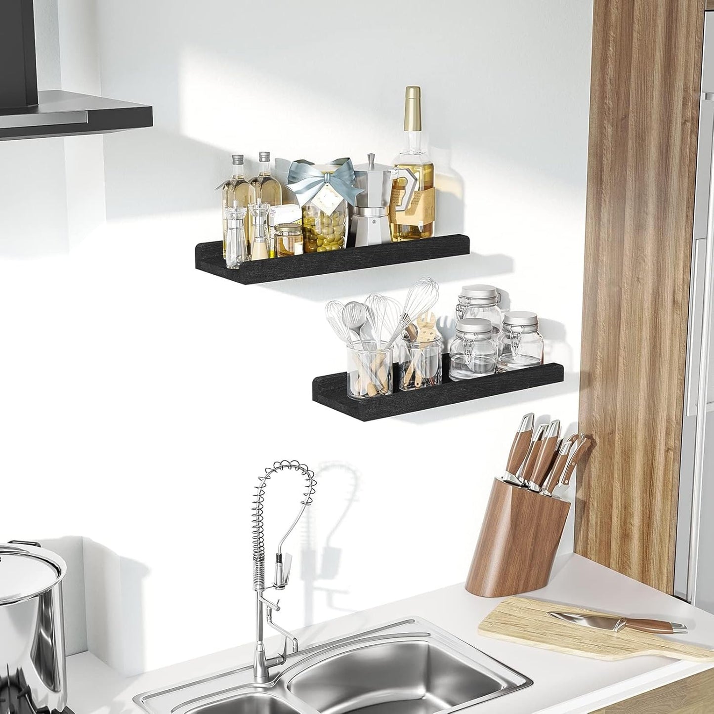 Love-KANKEI Floating Shelves Wall Mounted Set of 2, 17 Inch Rustic Wood Wall Shelves for Storage, Bedroom Living Room Bathroom Kitchen Office and More White